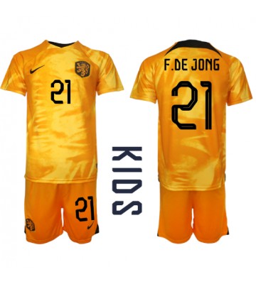 Nederländerna Frenkie de Jong #21 Hemmaställ Barn VM 2022 Kortärmad (+ Korta byxor)